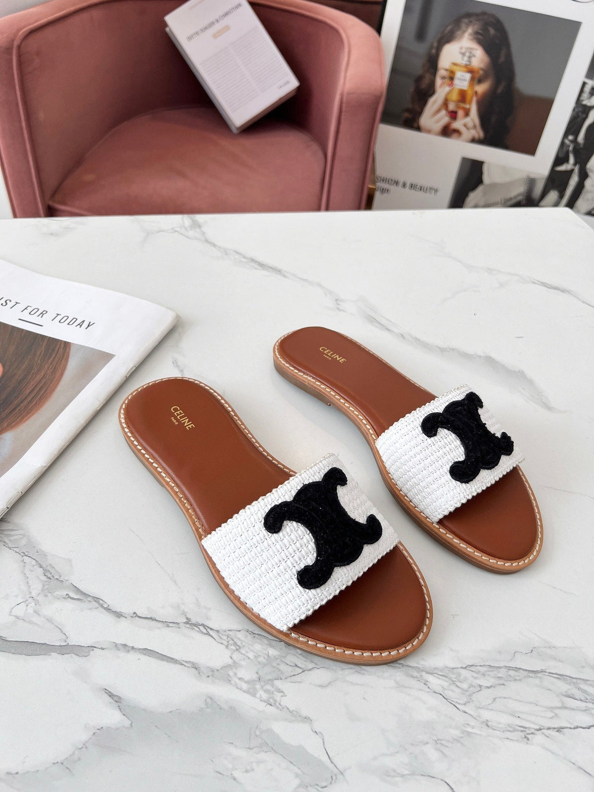 Celine 25C Slippers White mix Black Fabric with Calfskin 238150