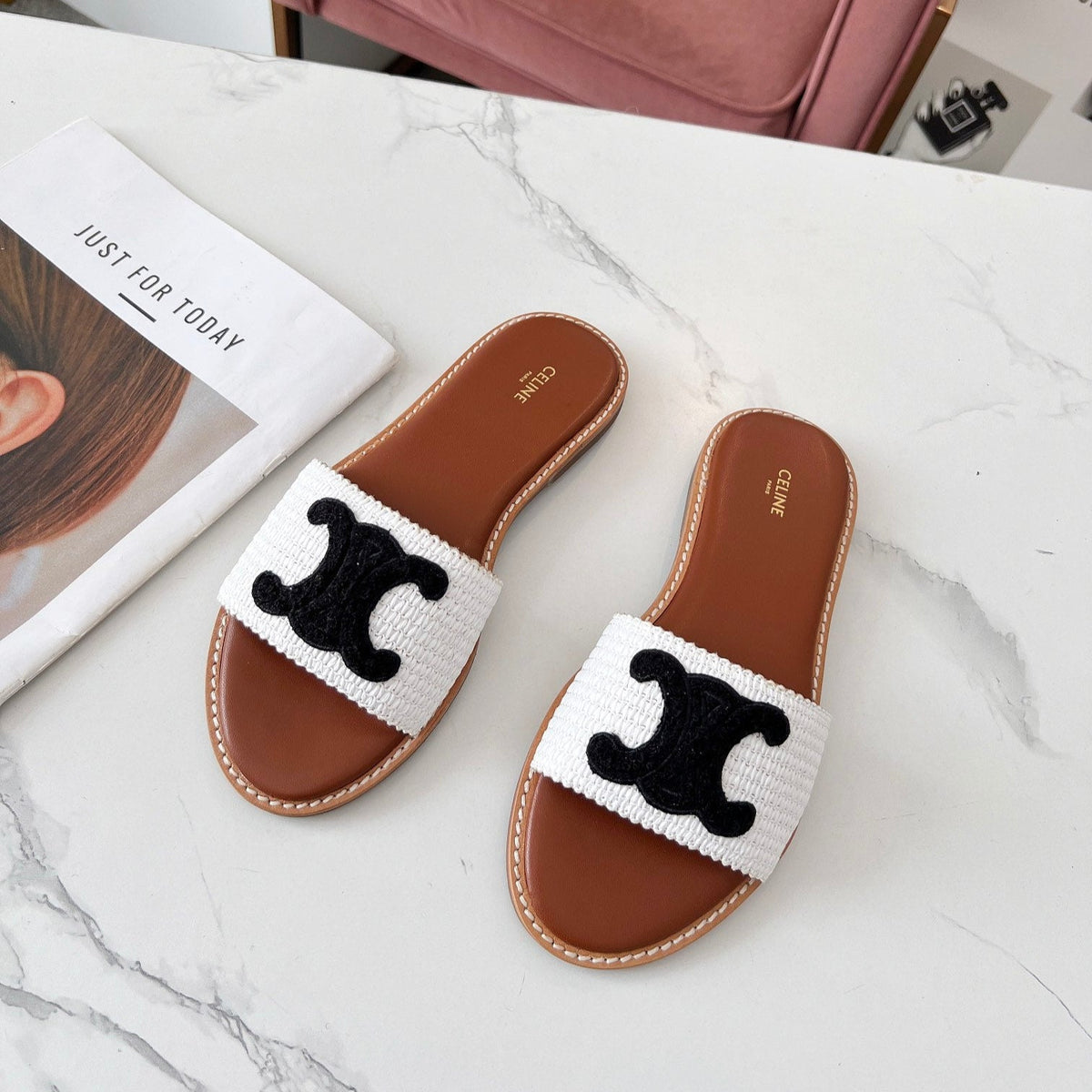 Celine 25C Slippers White mix Black Fabric with Calfskin 238150