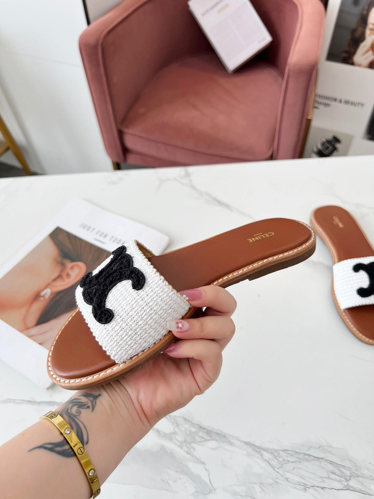 Celine 25C Slippers White mix Black Fabric with Calfskin 238150