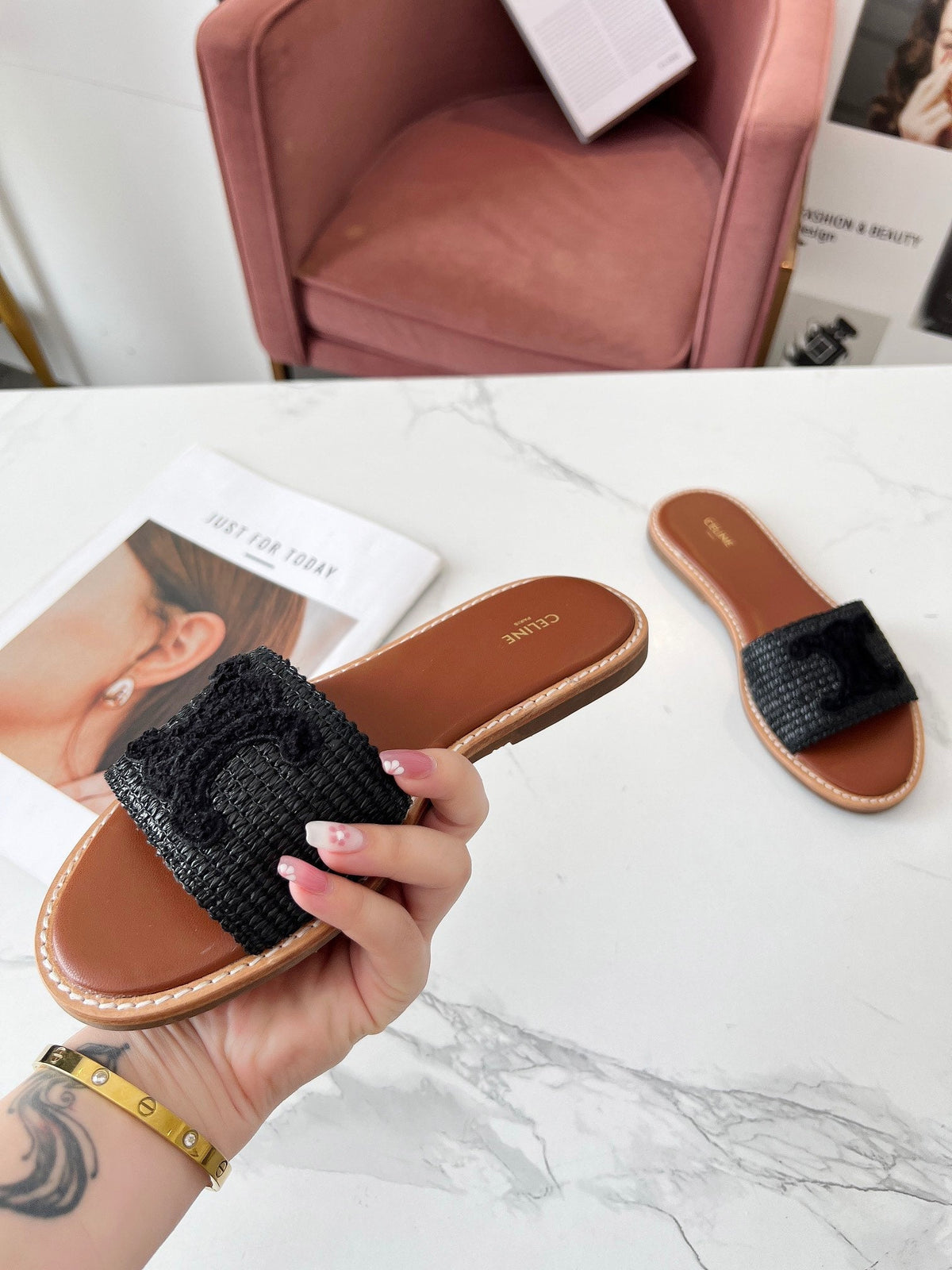 Celine 25C Slippers Black Fabric with Calfskin 238155