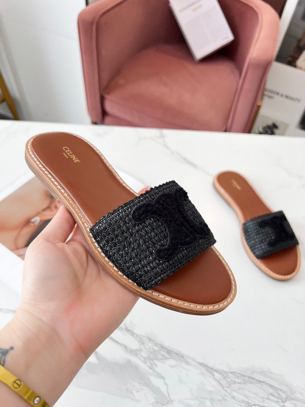 Celine 25C Slippers Black Fabric with Calfskin 238155