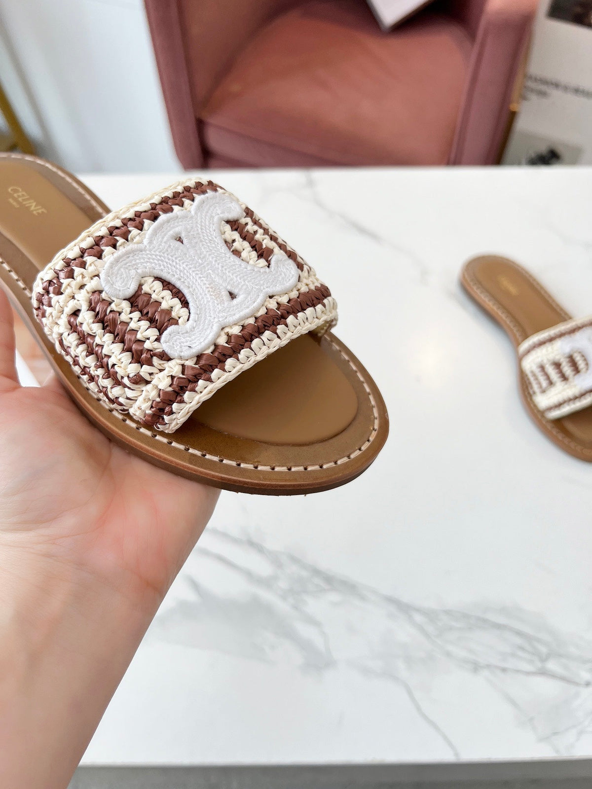 Celine 25C Slippers Beige mix Brown Fabric with Calfskin 238160