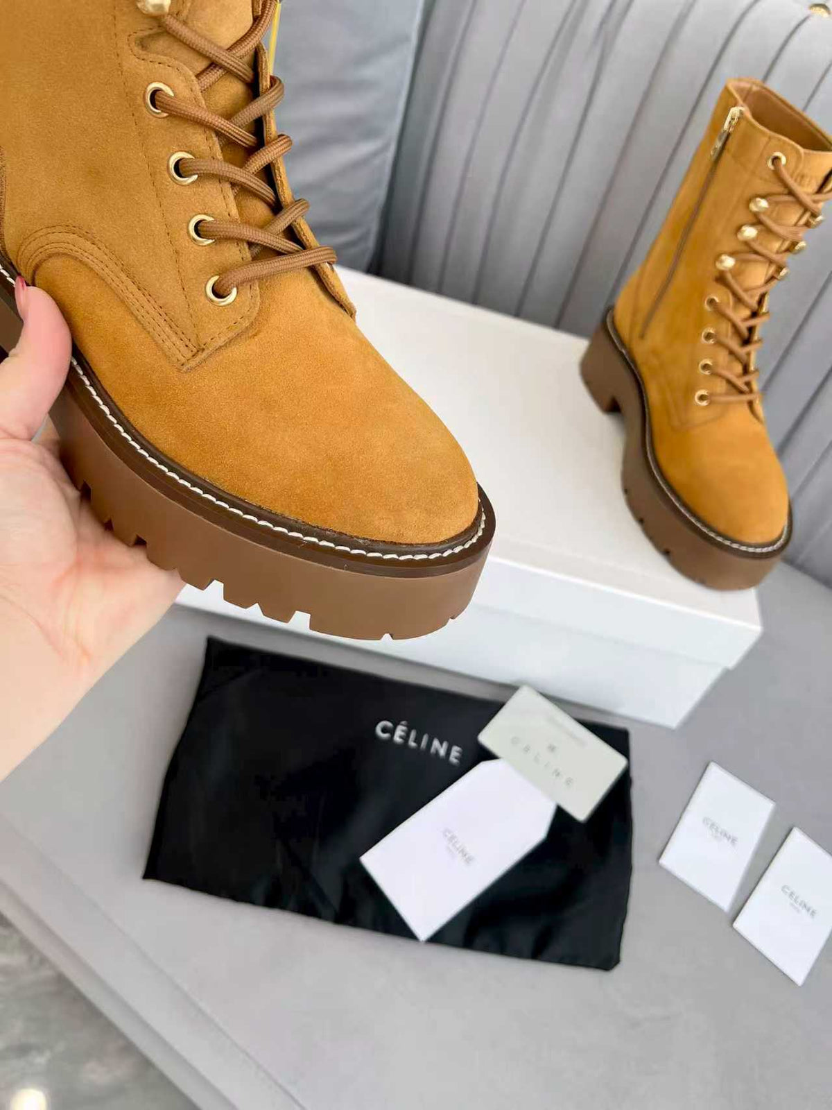 Celine 25s Triomphe Rangers Mid Lace-Up Boot Brown Suede