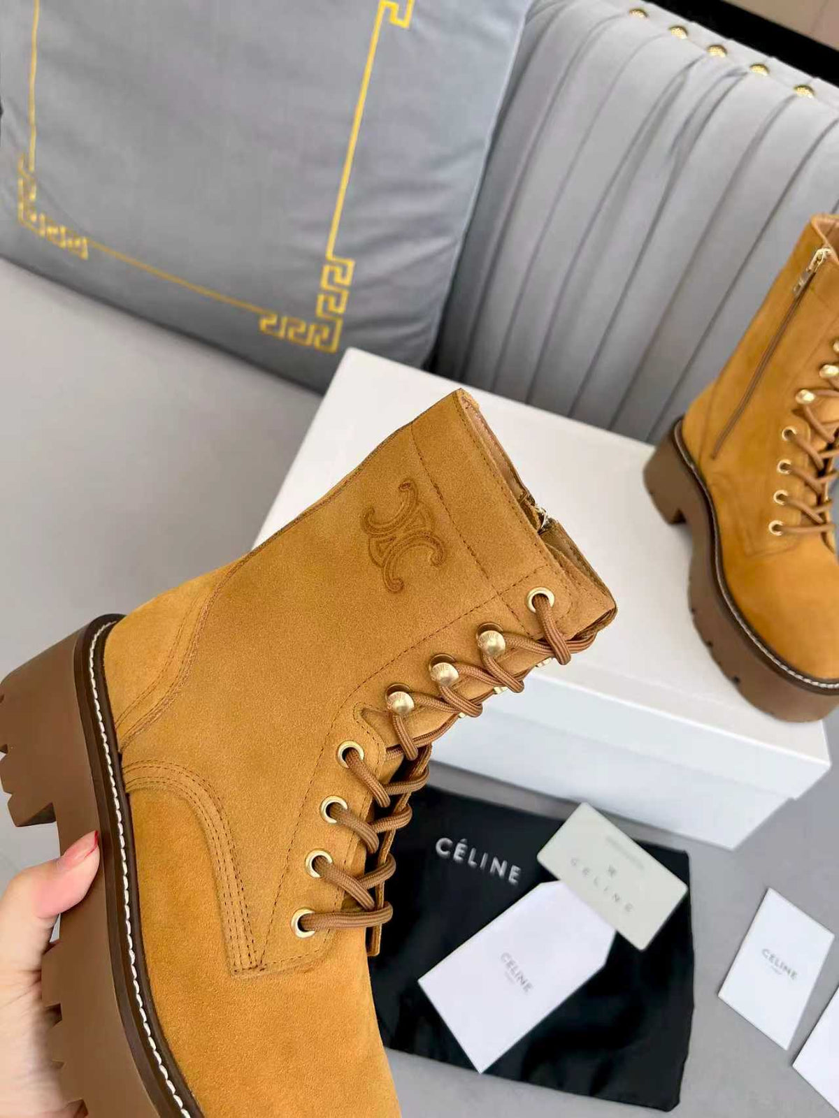 Celine 25s Triomphe Rangers Mid Lace-Up Boot Brown Suede