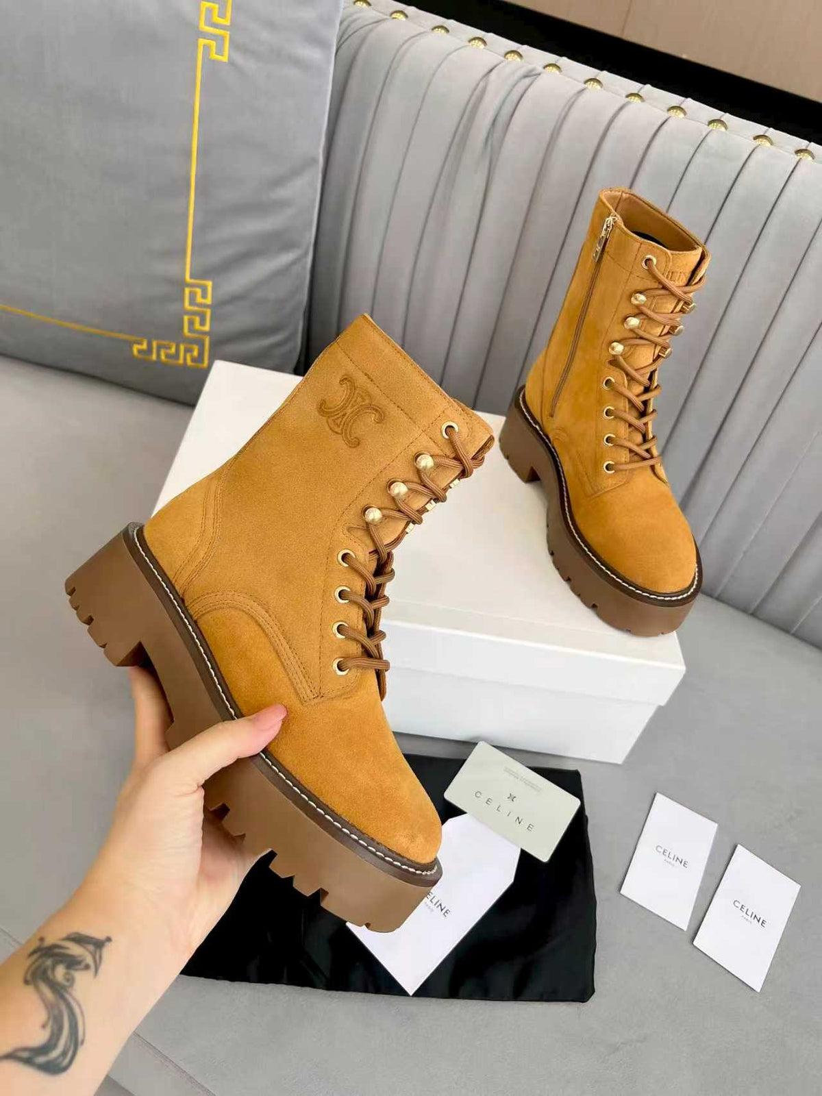 Celine 25s Triomphe Rangers Mid Lace-Up Boot Brown Suede