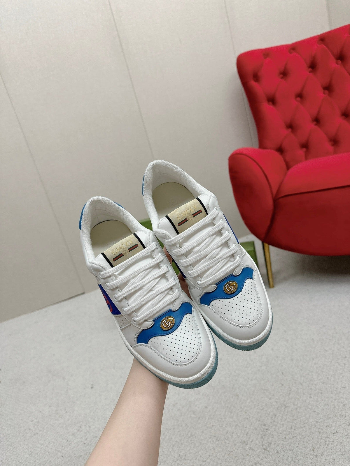GG WOMEN'S SCREENER TRAINER WHITE AND BLUE CALFSKIN