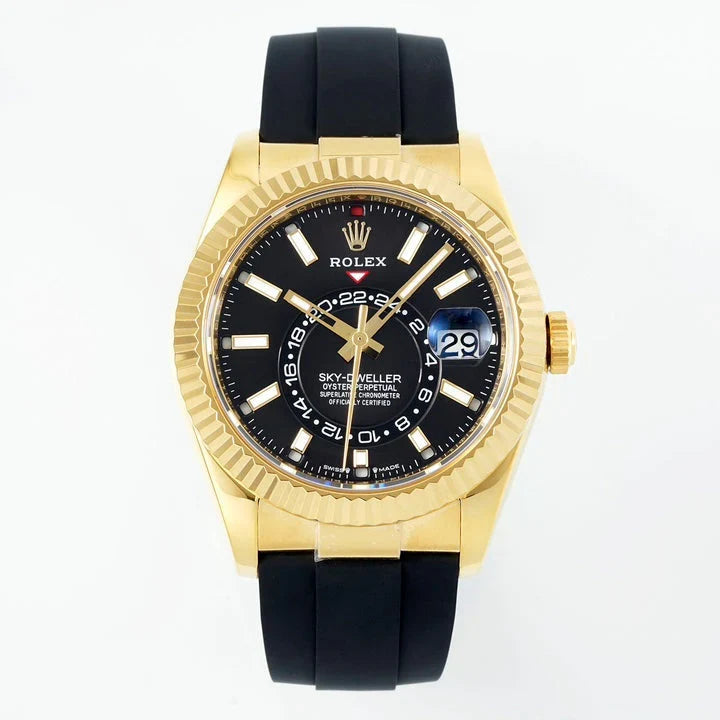 Rolex Sky-Dweller 42mm Gold Case Black Dial Rubber Strap