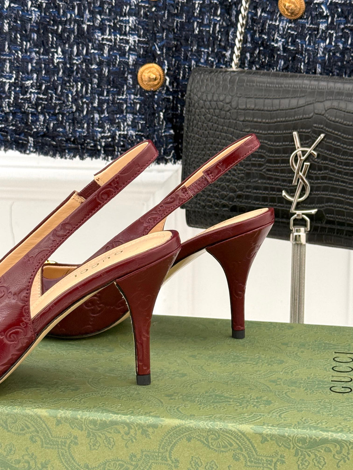 GG Horsebit Slingback 85MM Burgundy GG Leather Point Toe