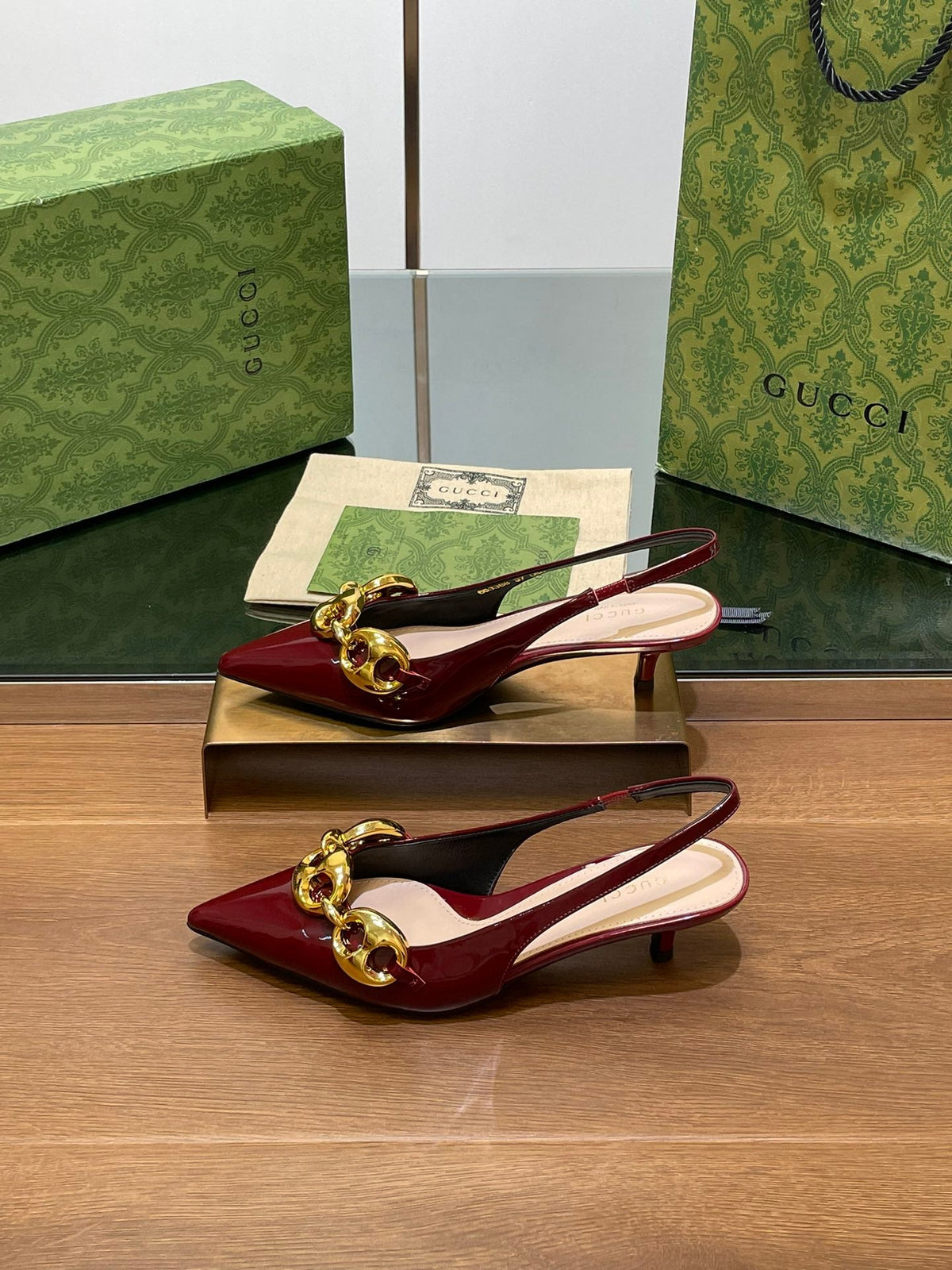 GG MID-HEELED SLINGBACK 4.5 CM IN WINE RED GLOSSY CALFSKIN