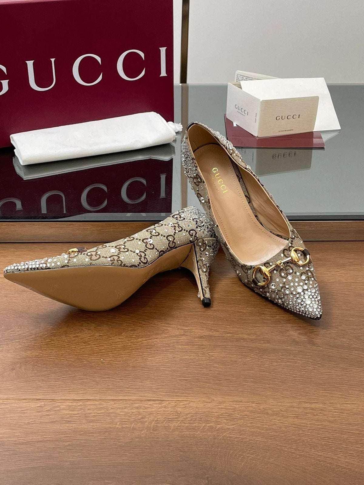 GG Horsebit Pump 85 Beige Ebony Monogram Canvas Crystal-Embellished