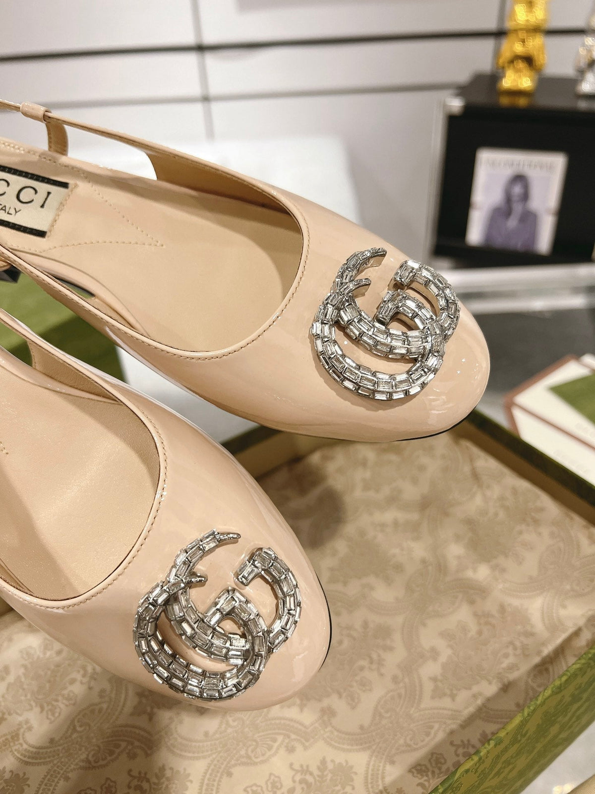 METALIC SLINGBACK FLATS IN TAN BEIGE CALFSKIN