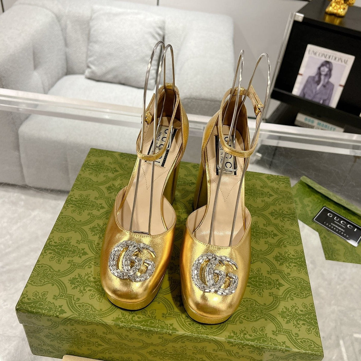 GG CRYSTALS PLATFORM PUMPS METALLIC GOLD CALFSKIN