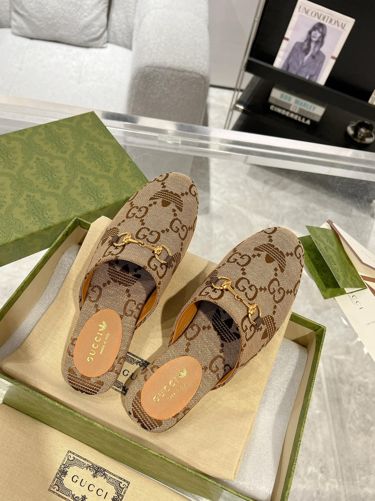 GG & ADIDAS MULE HORSEBIT BUCKLE LIGHT BROWN CANVAS