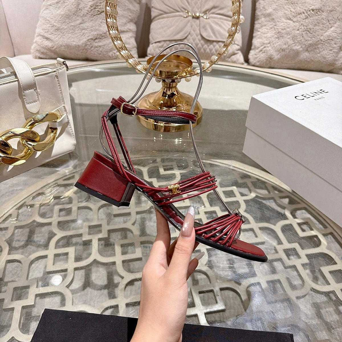 Celine Clémence Heeled Sandal 4cm Burgundy Sheepskin 941496