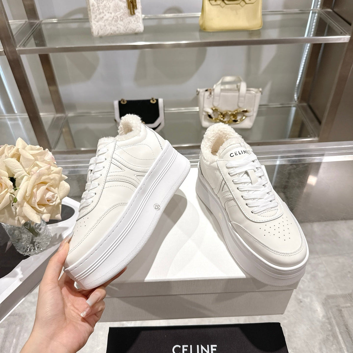 Celine Block Triomphe Leather Wedge Sneakers 50mm White Calfskin Fur