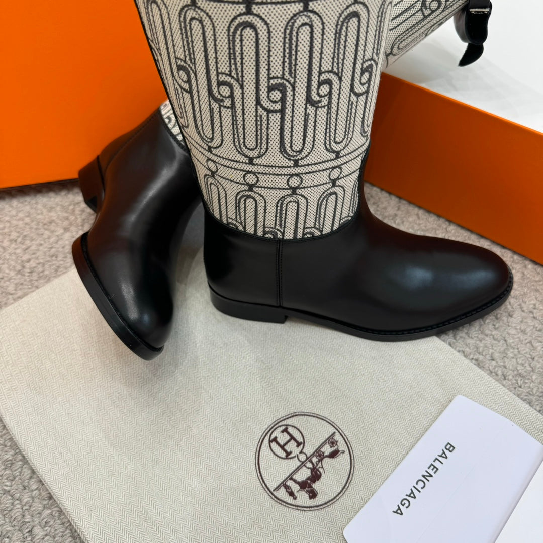 HM Jumping Boot In Black Mix White Calfskin And Burlap 973843