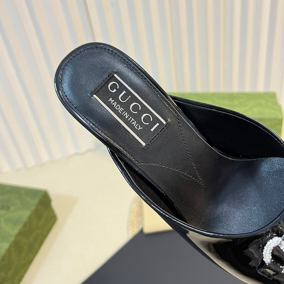 GG  Women's Horsebit mid-heel slide sandal in glossy black leather