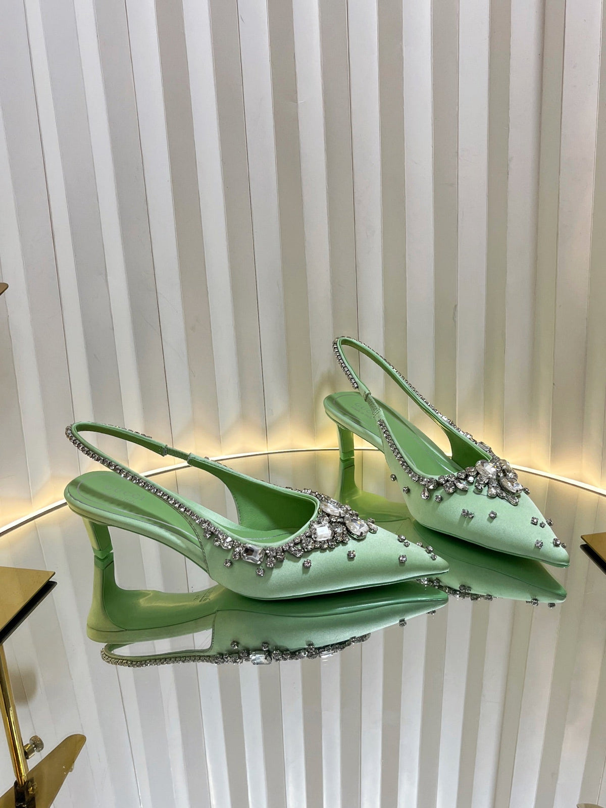 GC 2025 Crystal Embellished 55mm High Heels Slingbacks Green Silk Sheepskin 294528