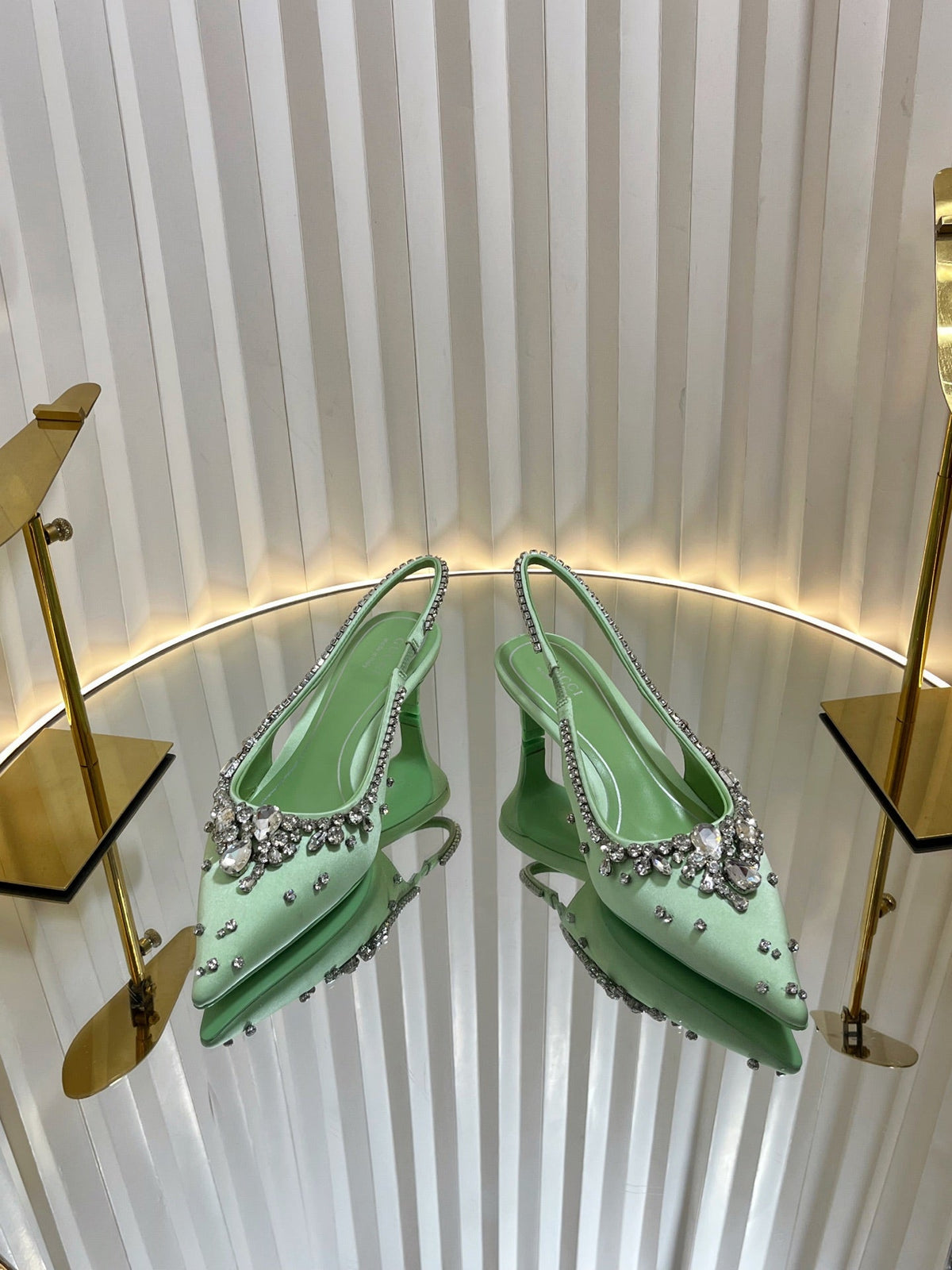 GC 2025 Crystal Embellished 55mm High Heels Slingbacks Green Silk Sheepskin 294528