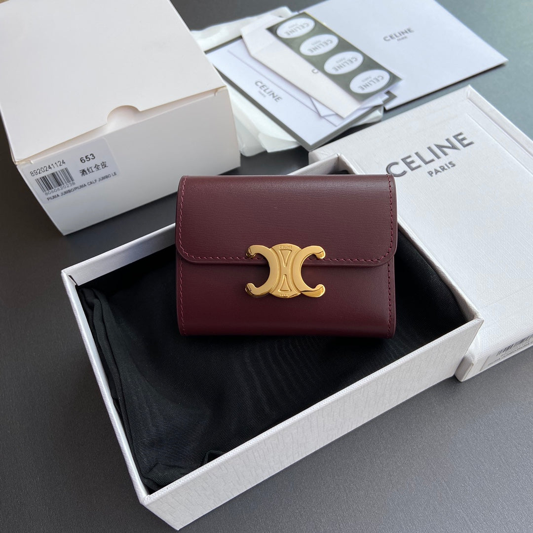 TRIOMPHE Compact Wallet With Coin Purse Burgundy Leather