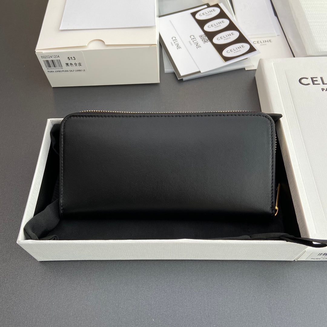TRIOMPHE Long Zipper Closure Bag Black Shiny Cowhide
