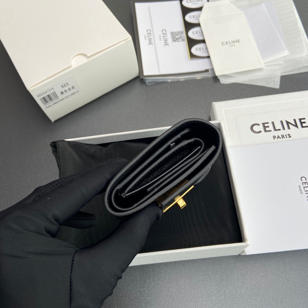 TRIOMPHE 16 Small Trifold Wallet Black Cowhide Leather