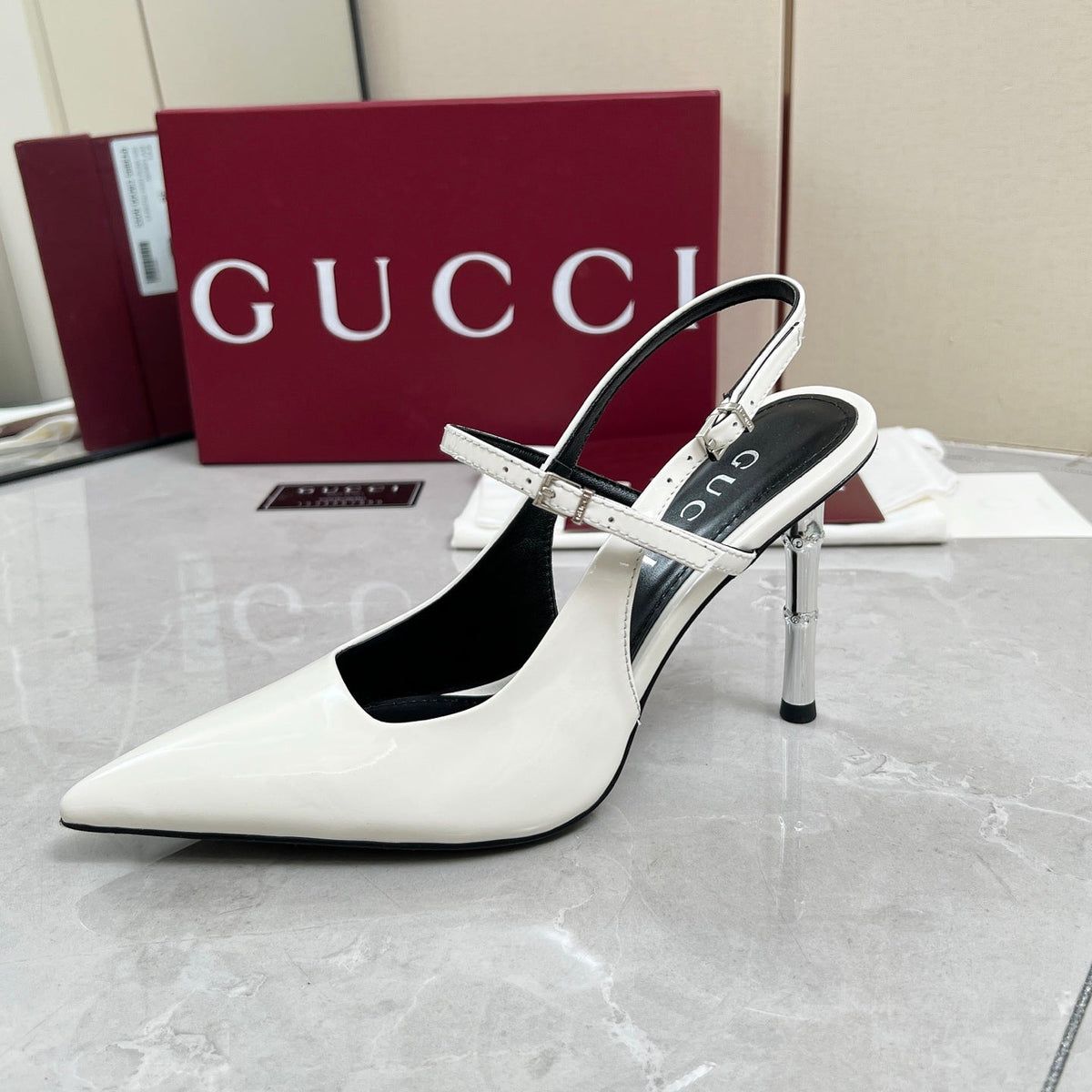 GC 25 Heeled 95mm Slingback Pump White Patent Leather 293867