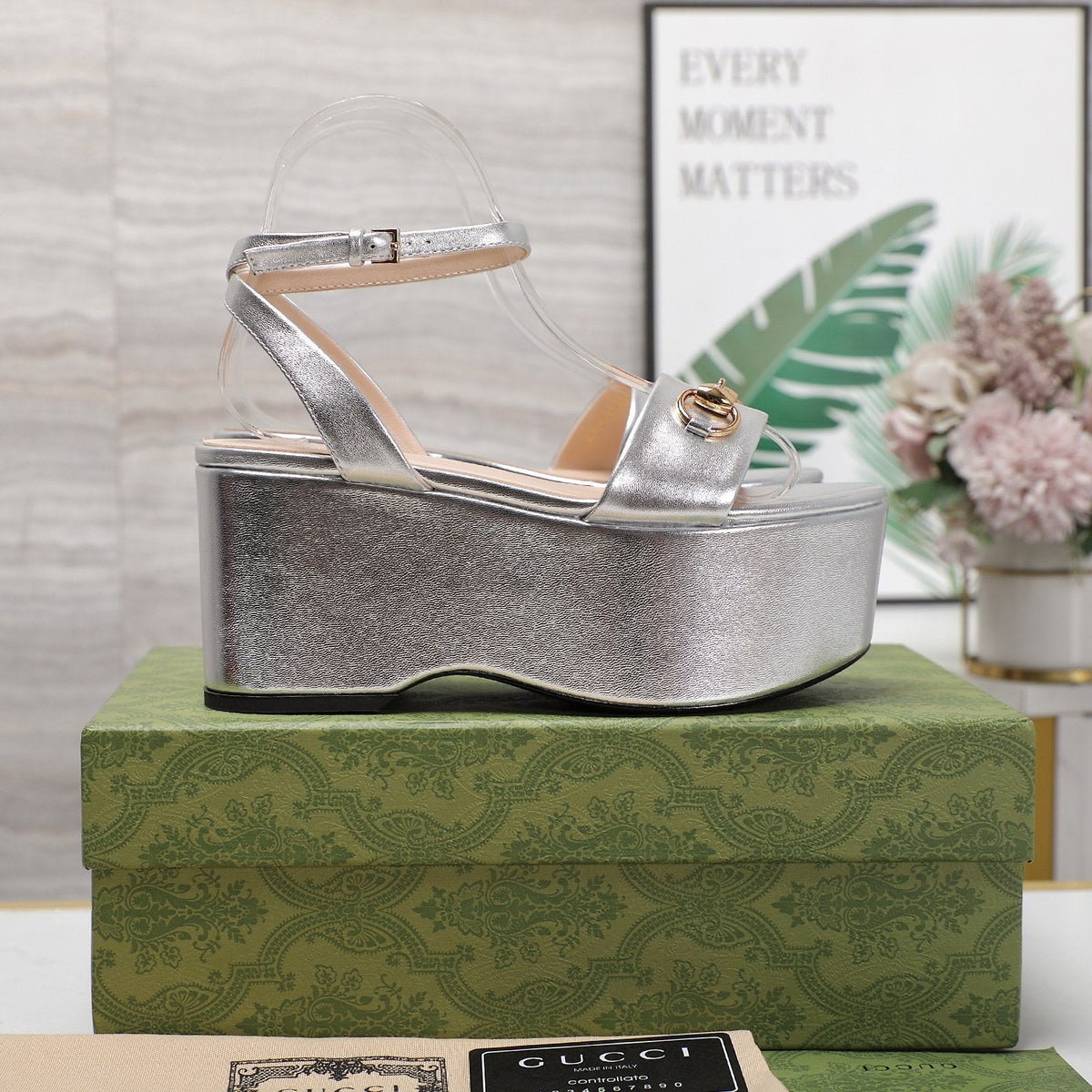 GG  Horsebit Wedges Sandals Silver