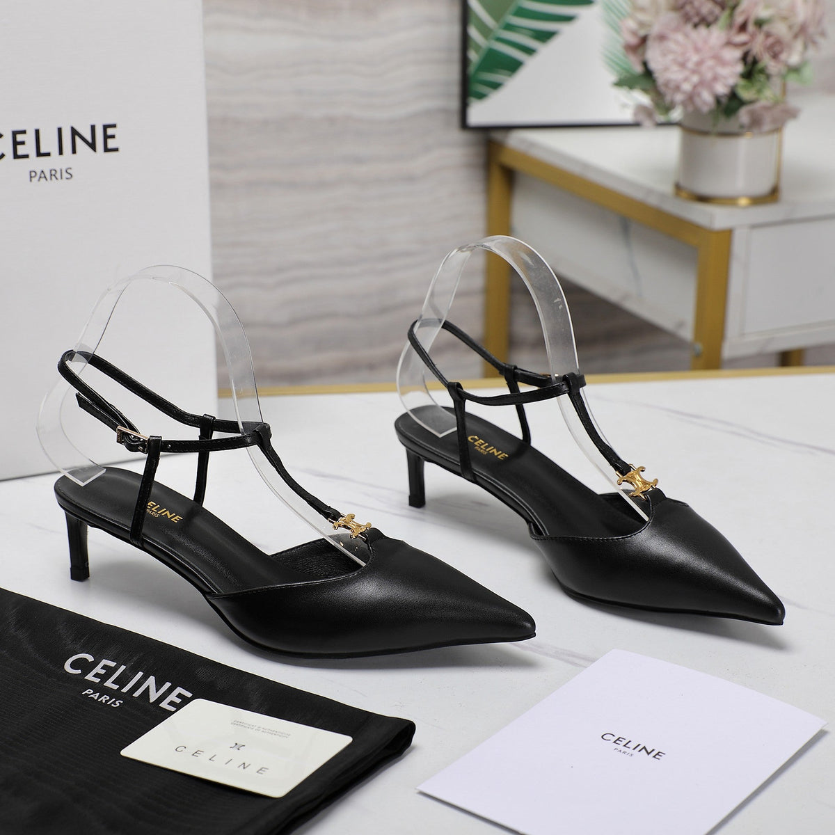 HIGH 5 CM SLINGBACK IN BLACK CALFSKIN WITH GOLD LOGO