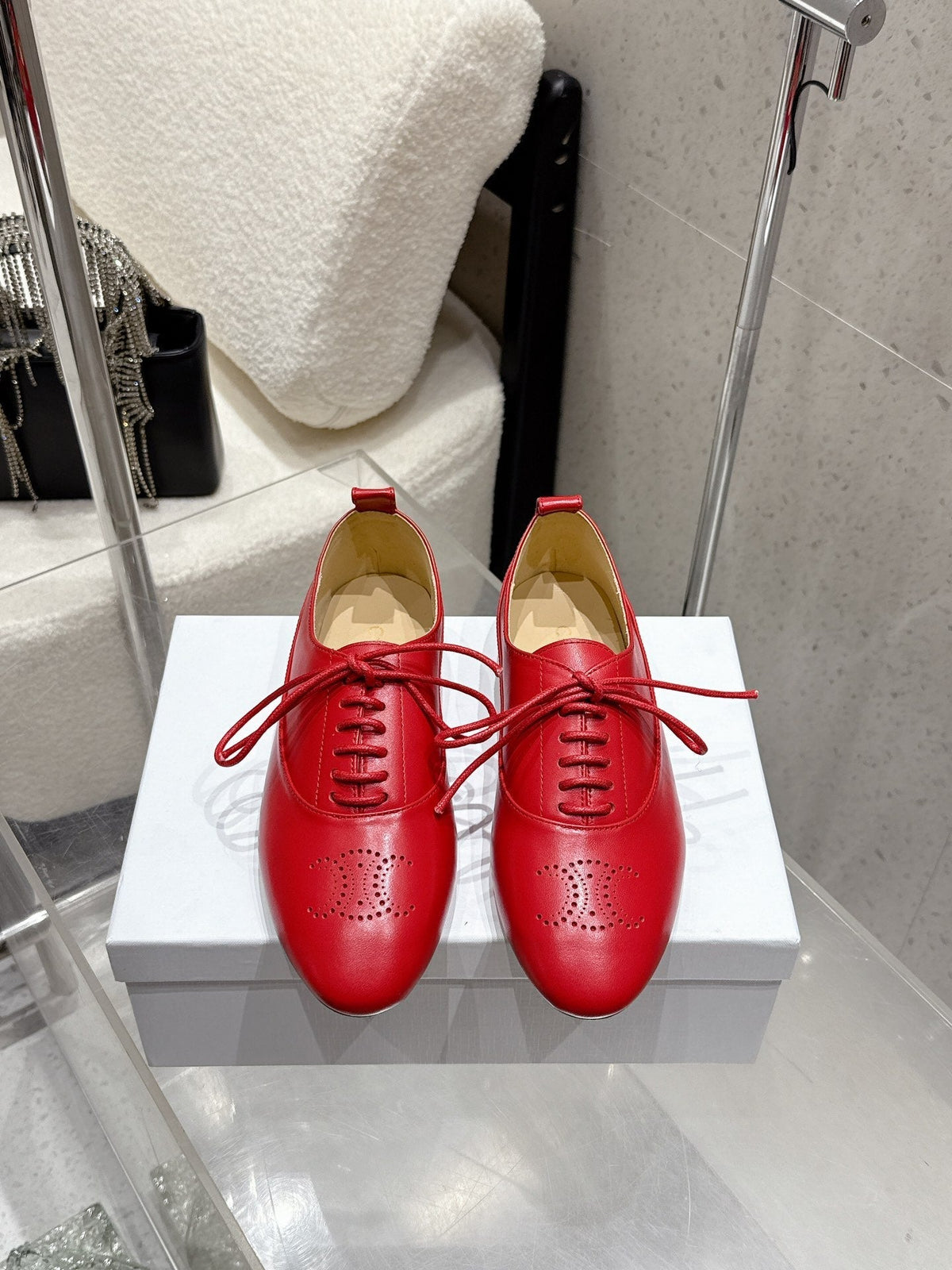 Celine 25 Lise Perforated Triomphe Richelieu Shoe Red Lambskin 554197
