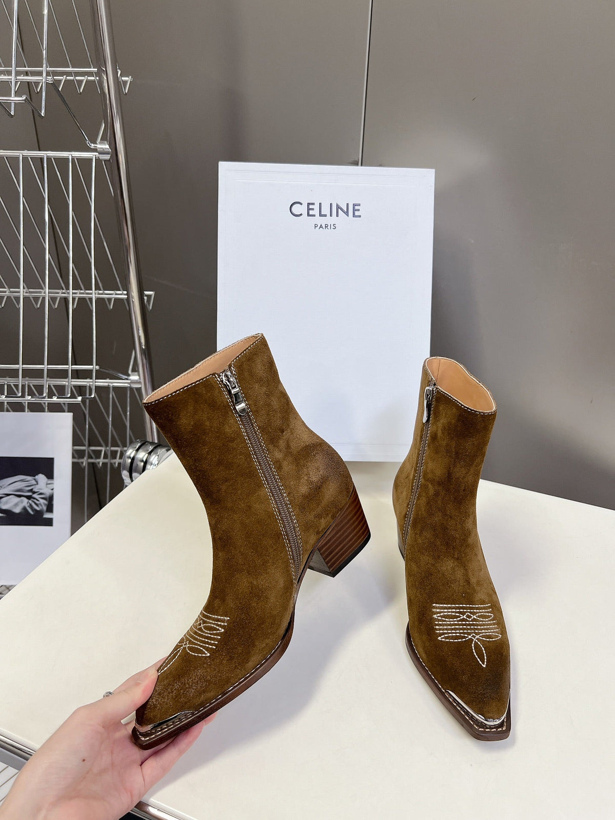 CELINE 25 Cowboy Boots Brown Suede 434416