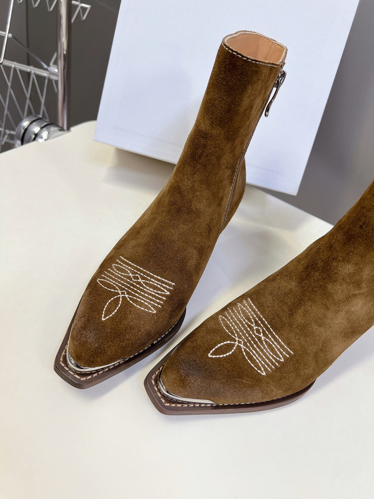 CELINE 25 Cowboy Boots Brown Suede 434416