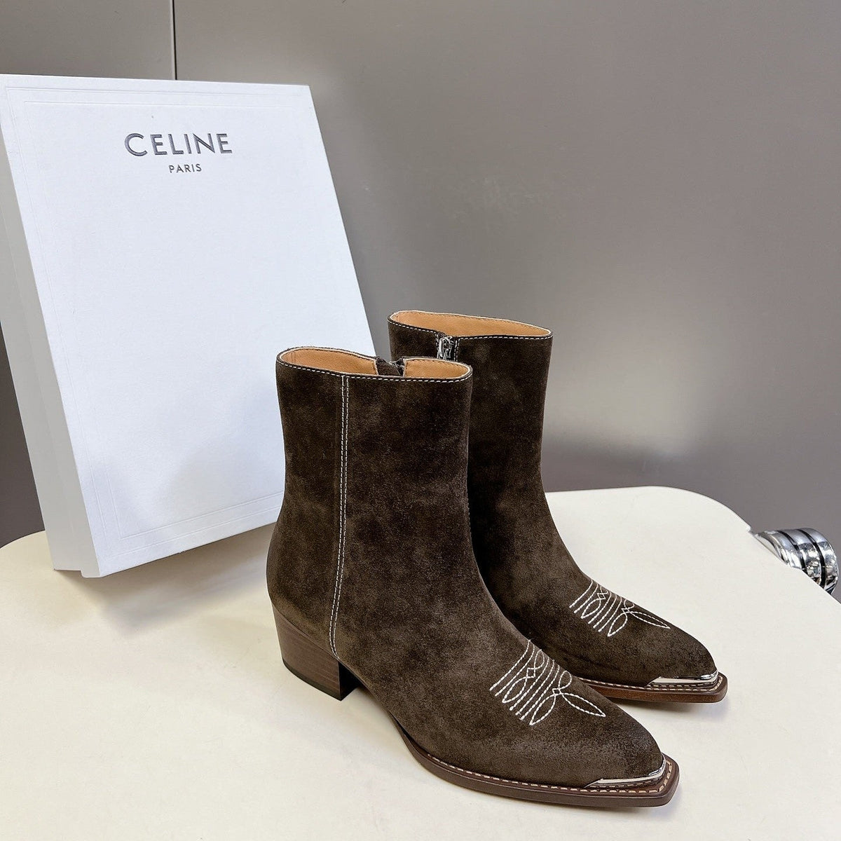 CELINE 25 Cowboy Boots Dark Brown Suede 434417