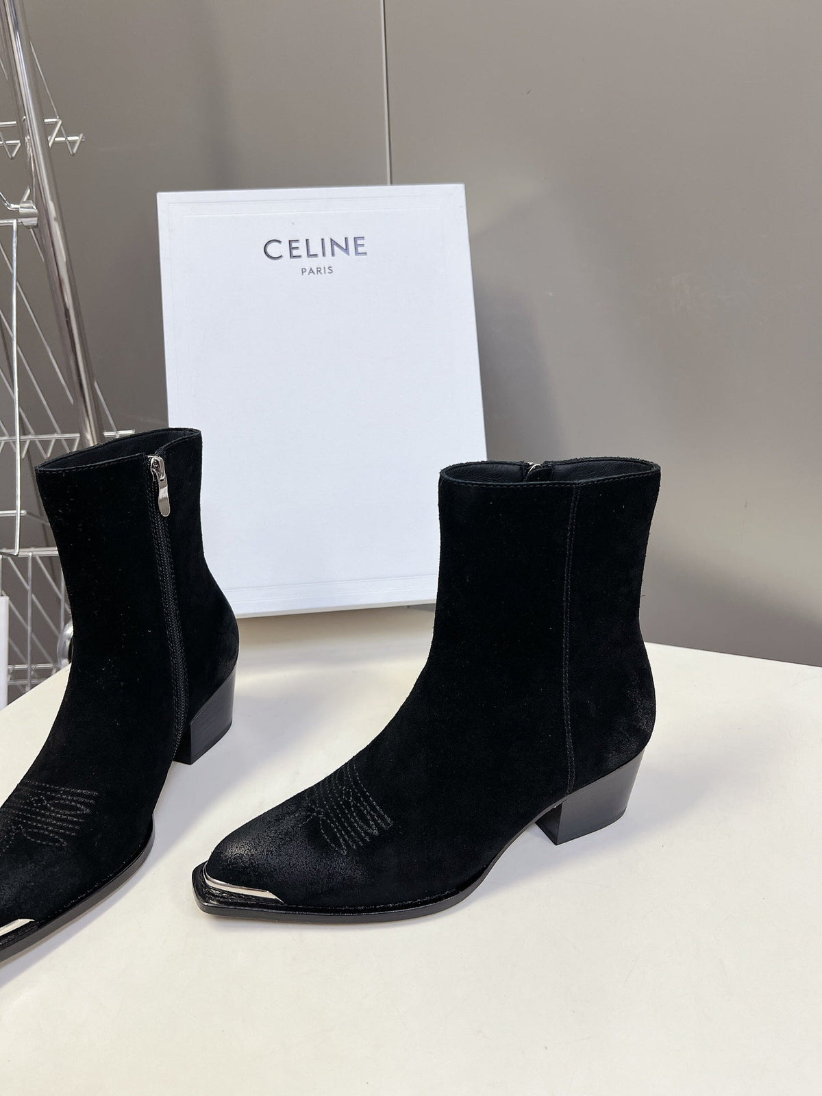 CELINE 25 Cowboy Boots Black Suede 434418