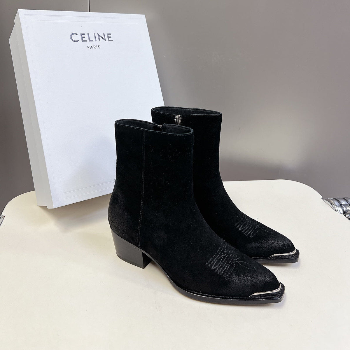 CELINE 25 Cowboy Boots Black Suede 434418