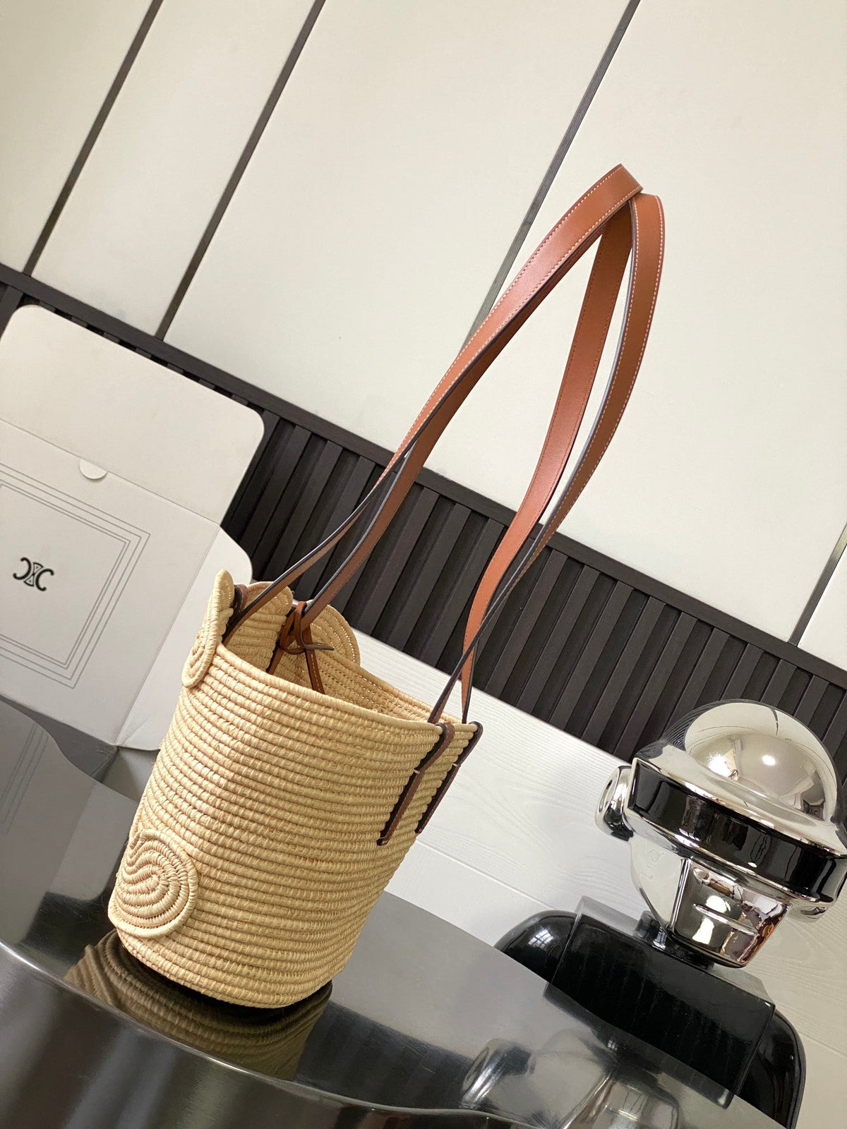 Celine Classic Panier 36cm Braieded Triomphe Beige Raffia Brown Calfskin