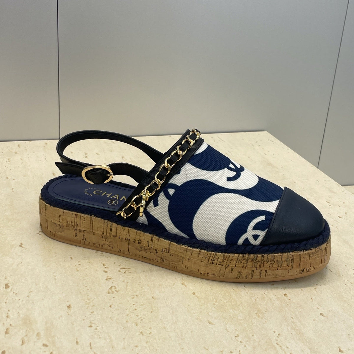 CC 26 Slingback Espadrilles Navy Blue Sheepskin Canvas 607463