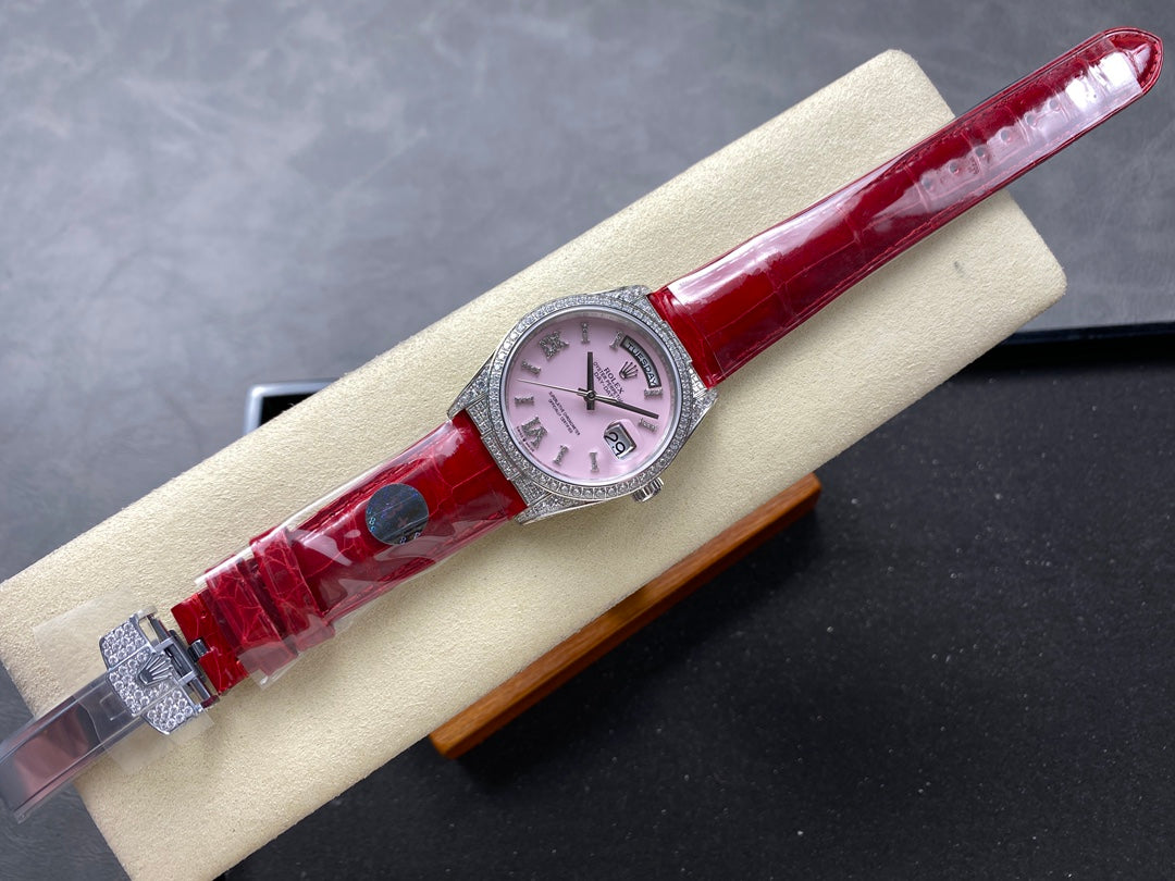 ROLEX Day-Date 36mm Diamond Red Leather Pink Dial