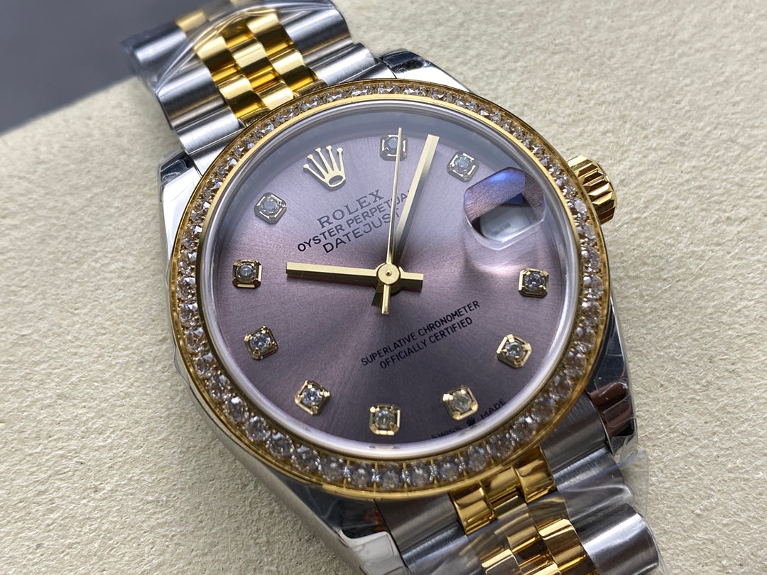 Datejust 31mm Yellow Gold Steel Diamond Bezel Purple Dial Diamond Numerals