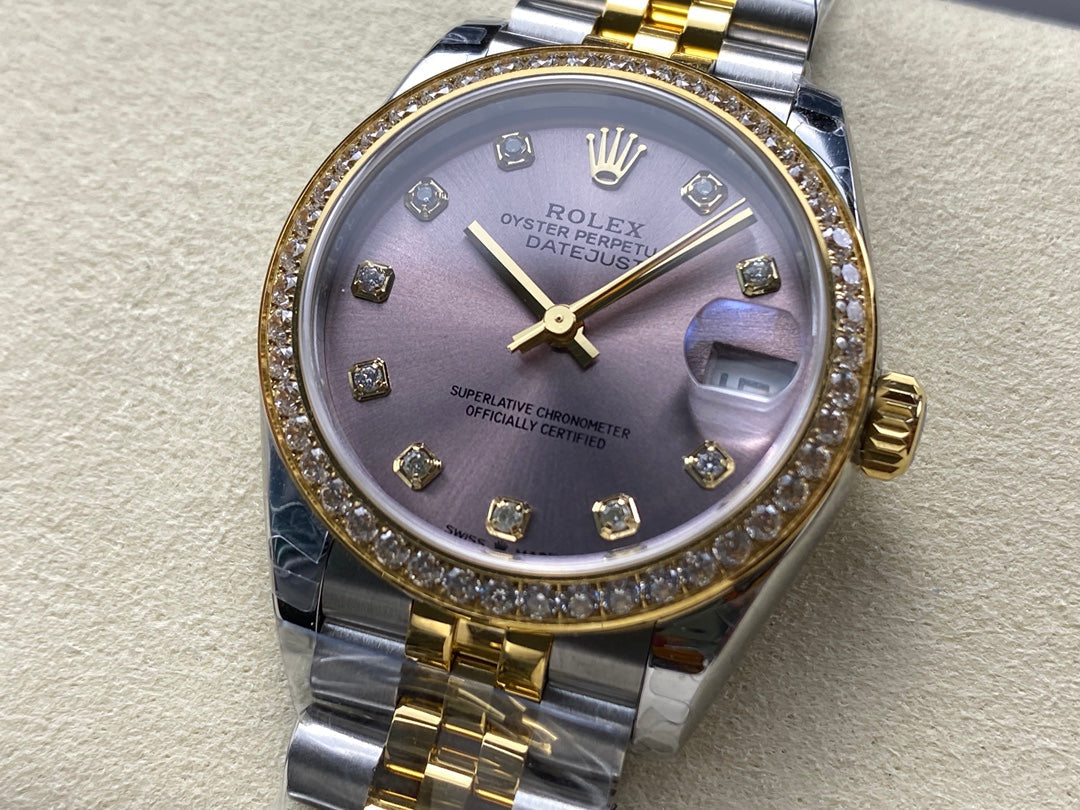 Datejust 31mm Yellow Gold Steel Diamond Bezel Purple Dial Diamond Numerals
