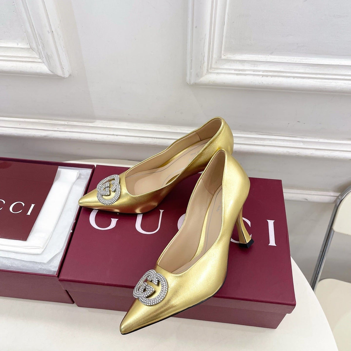 GG 26 High-Heeled 85 Pumps Gold Metallic Cowhide 587078