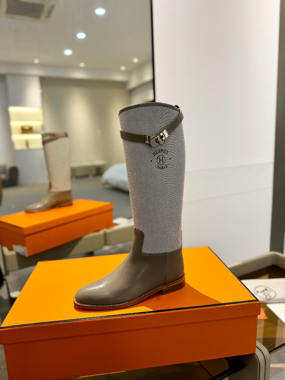 HM Jumping Boot 20mm Beige Light Brown Mix Grey White Cowhide And Tech Fabric 961655